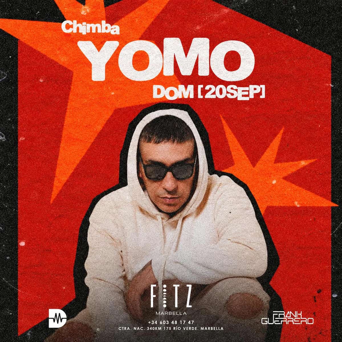 Cartel de Yomo en FITZ Marbella para el domingo 20 de septiembre, con fondo rojo y naranja, estrellas gráficas, retrato del artista con sudadera blanca y gafas oscuras.