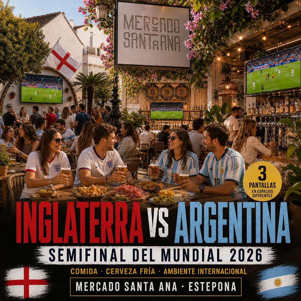 Cartel del partido Inglaterra vs Argentina del Mundial 2026 en Mercado Santa Ana Estepona, semifinal con 3 pantallas en espacios diferentes, comida, cerveza fría y ambiente internacional.