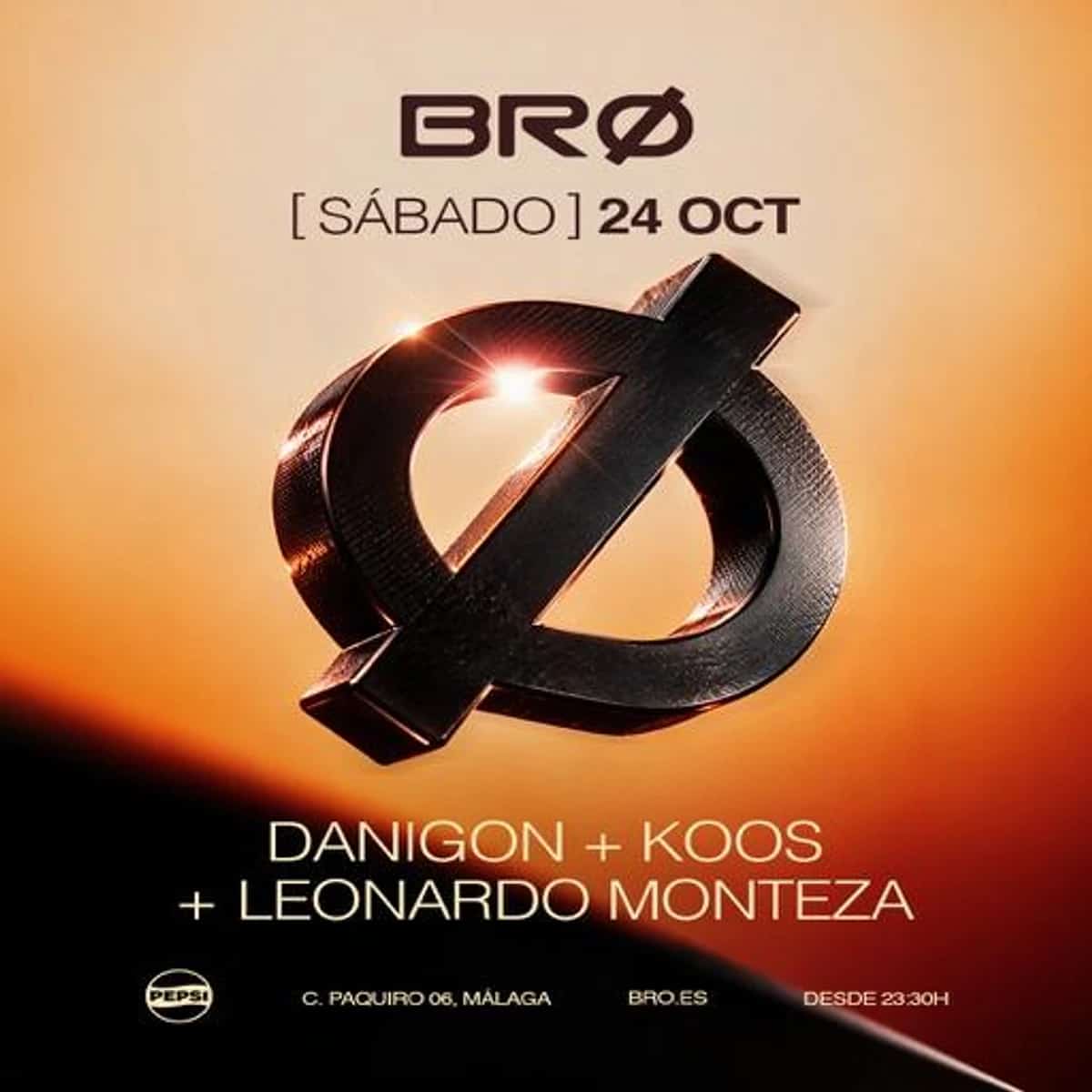 Cartel naranja y negro de BRØ Málaga para el 24 de octubre, con el símbolo del club y los nombres DANIGON, KOOS y Leonardo Monteza.