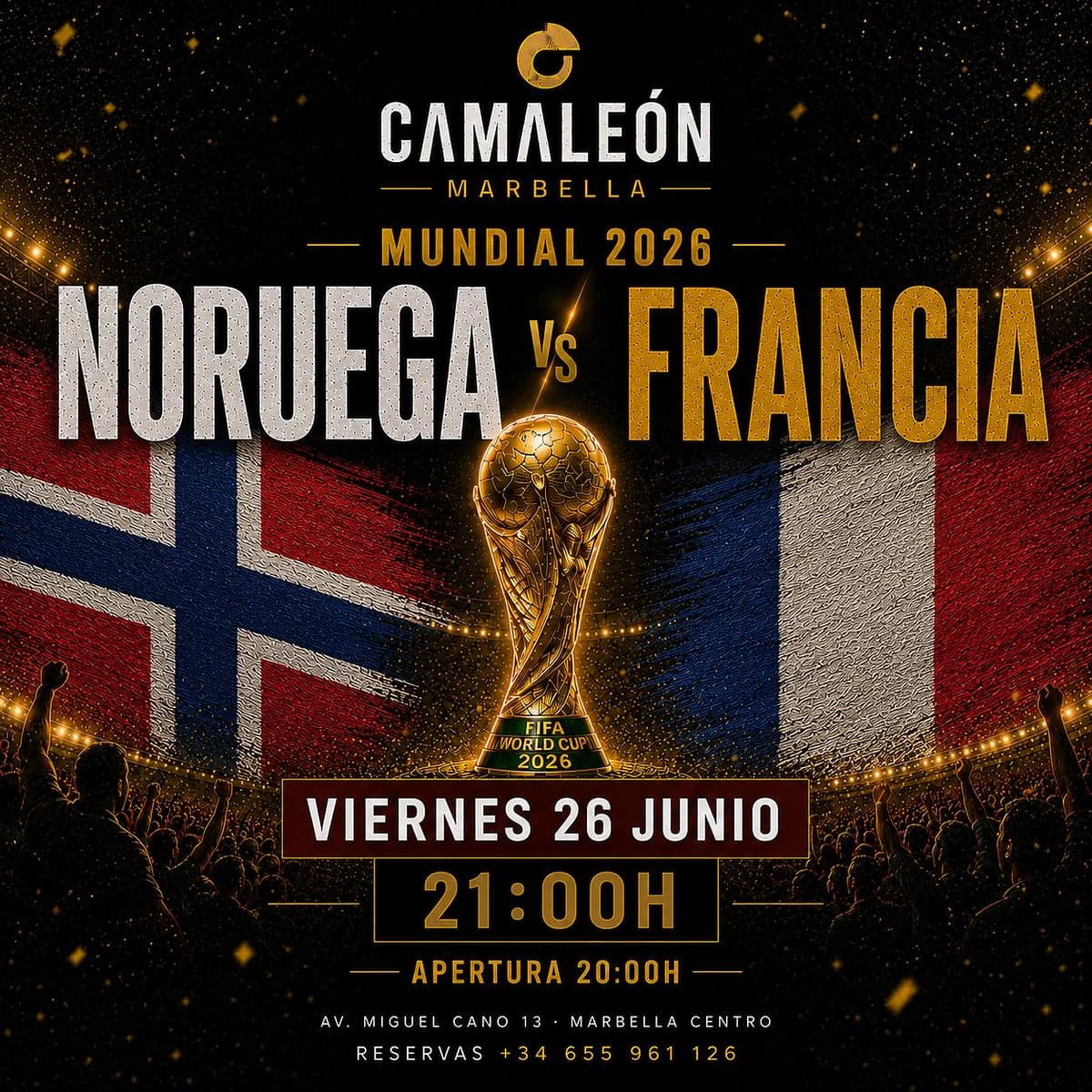 Cartel de retransmisión en directo de Noruega vs Francia en el Mundial 2026 con ambiente de fútbol internacional y noche de partido en Marbella centro.