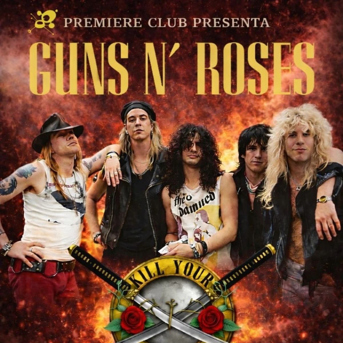 Cartel del concierto tributo a Guns N’ Roses con la banda Kill Your Idols en Premiere Club Marbella el 13 de marzo con entrada libre.