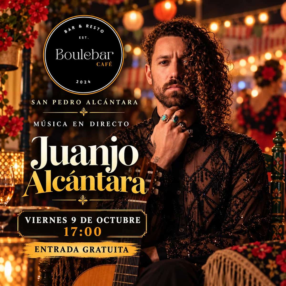 Cartel de la Semana de Feria de Boulebar Café con Juanjo Alcántara anunciado para el viernes 9 de octubre a las 17:00 en San Pedro Alcántara.