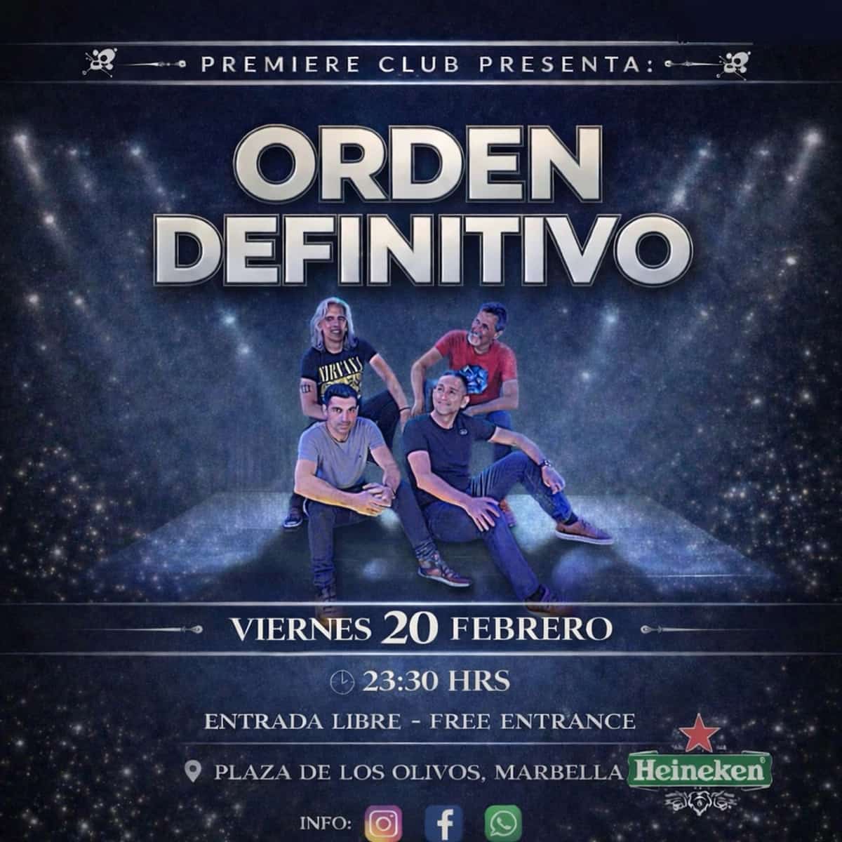 Premiere Club Marbella presenta a la banda Orden Definitivo en concierto de música rock en directo con live music y sonido profesional en Plaza de los Olivos, Marbella.