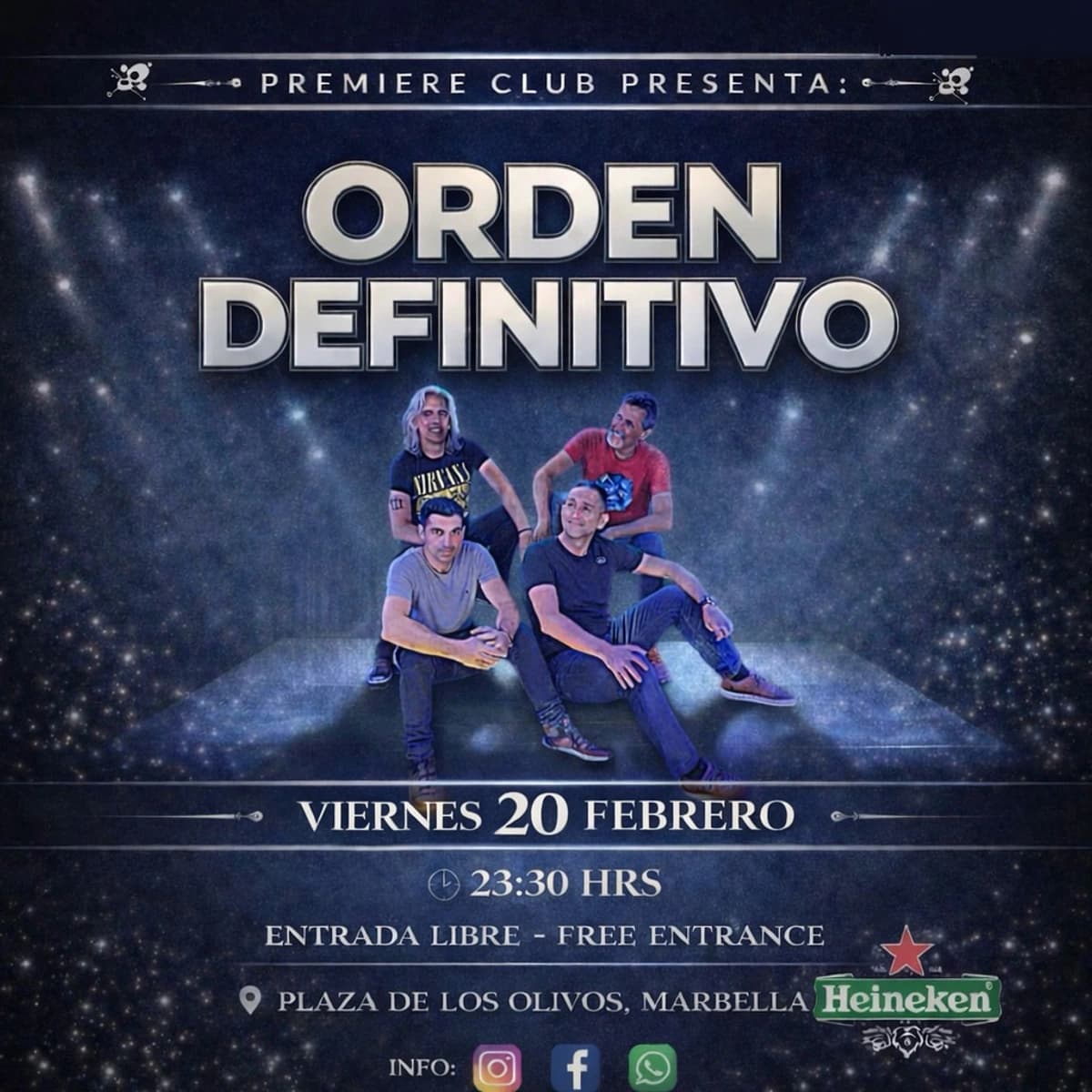 Premiere Club Marbella presenta a la banda Orden Definitivo en concierto de música rock en directo con live music y sonido profesional en Plaza de los Olivos, Marbella.
