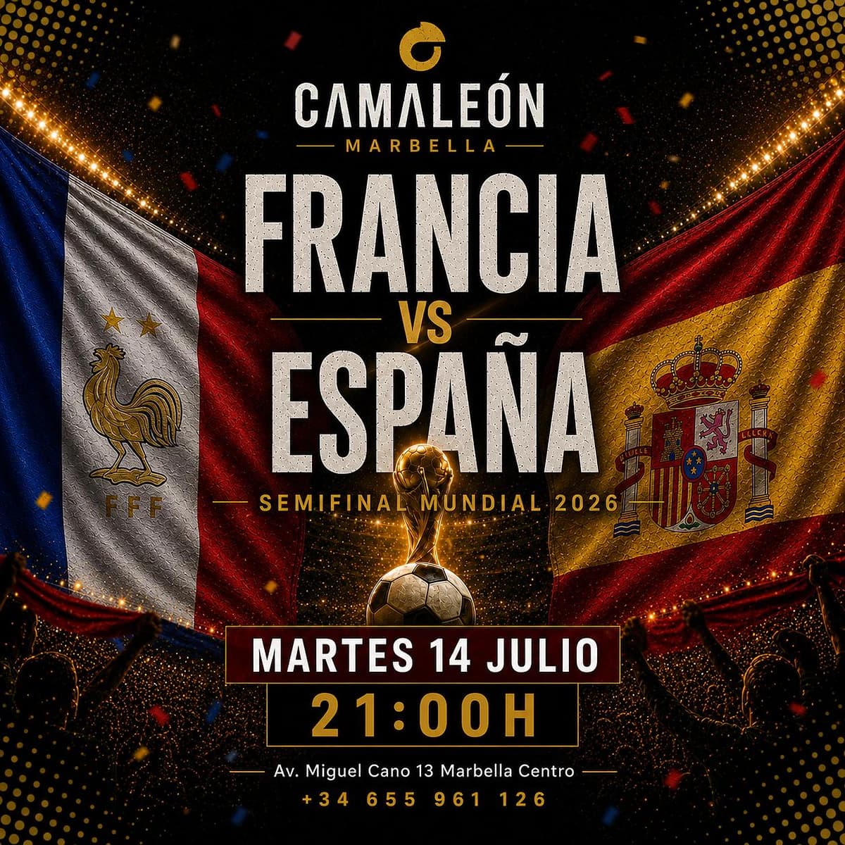 Cartel de retransmisión en directo de Francia vs España en las semifinales del Mundial 2026 con ambiente de fútbol internacional y noche de gran partido en Marbella centro.