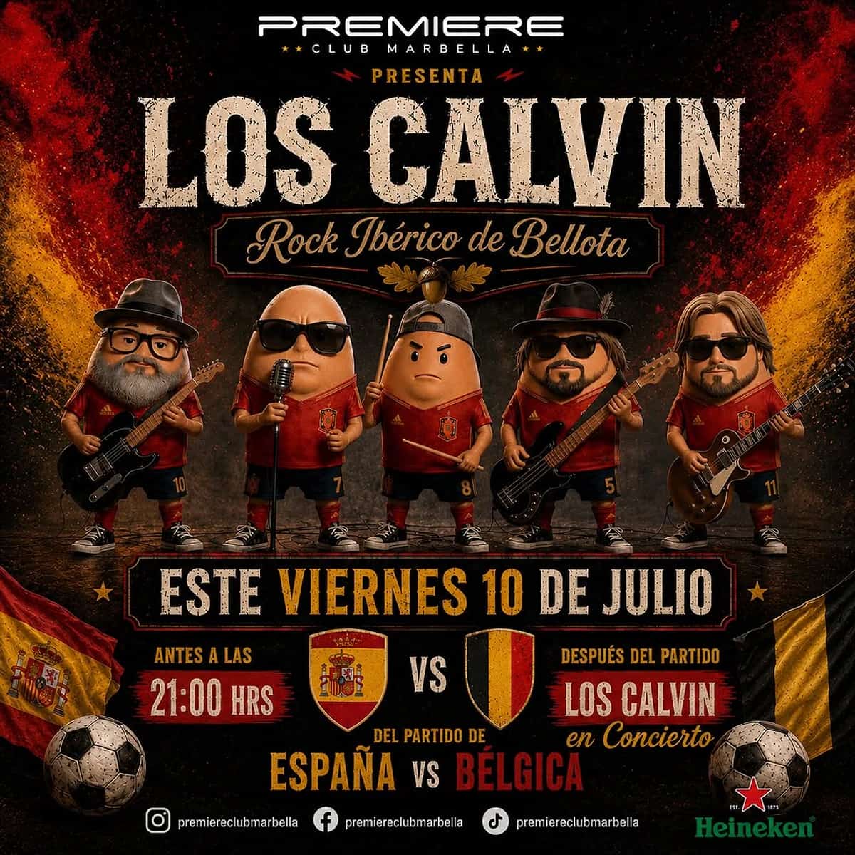 Cartel del partido España vs Bélgica en Boulebar Café con dos futbolistas enfrentados sobre un fondo rojo y negro con detalles dorados. El encuentro se anuncia para el viernes 10 de julio.