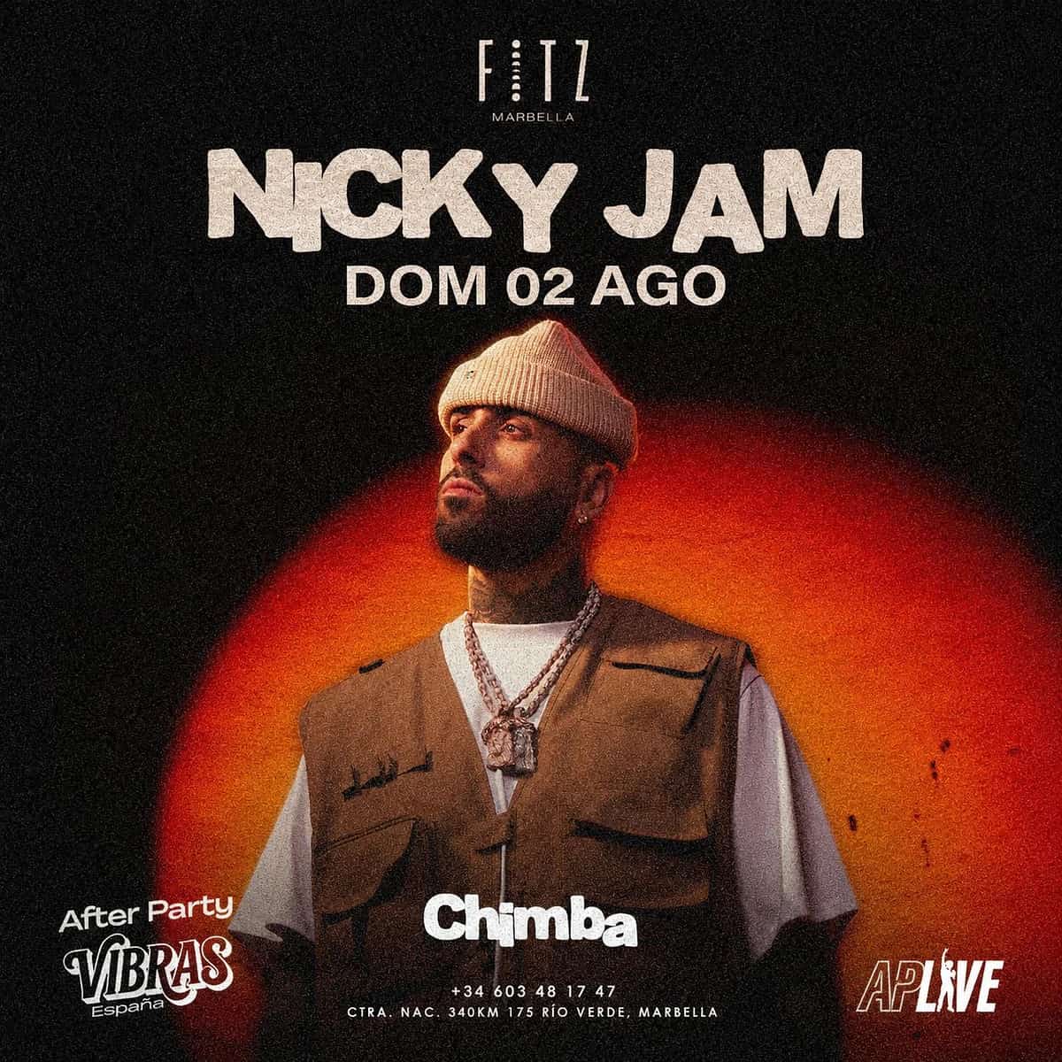 Cartel de Nicky Jam en FITZ Marbella para el domingo 2 de agosto, con fondo negro y naranja, retrato del artista, claim “Chimba” y after party Vibras España.