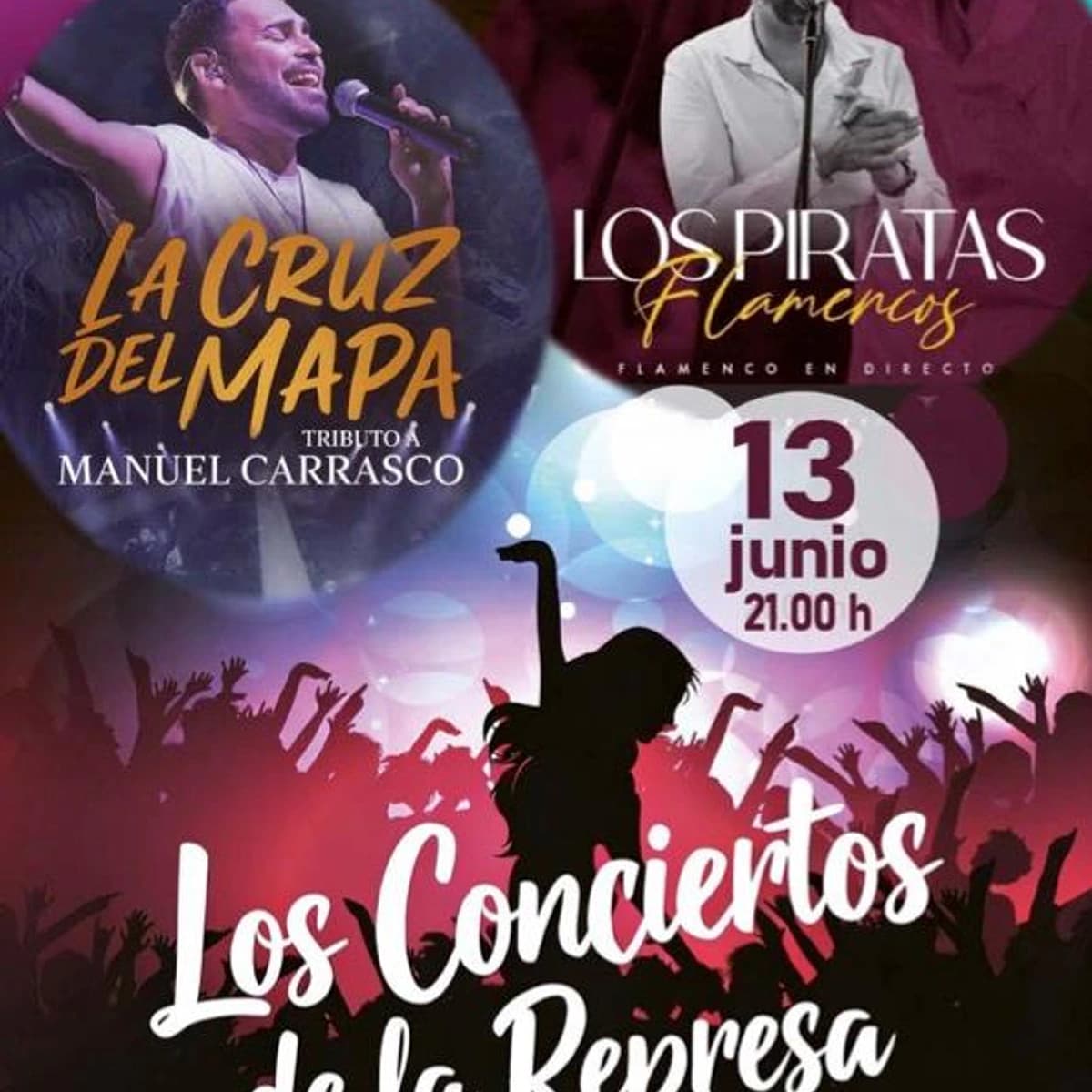 Cartel de Conciertos de La Represa con Los Piratas Flamencos y La Cruz del Mapa en la Feria de San Bernabé Marbella 2026.