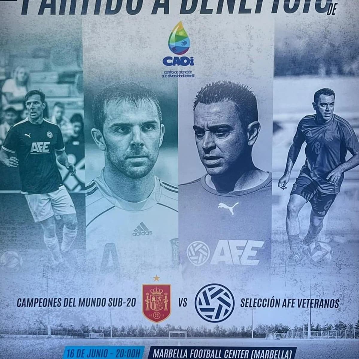 Cartel del partido benéfico de CADI en Marbella entre Campeones del Mundo Sub-20 y Selección AFE Veteranos.