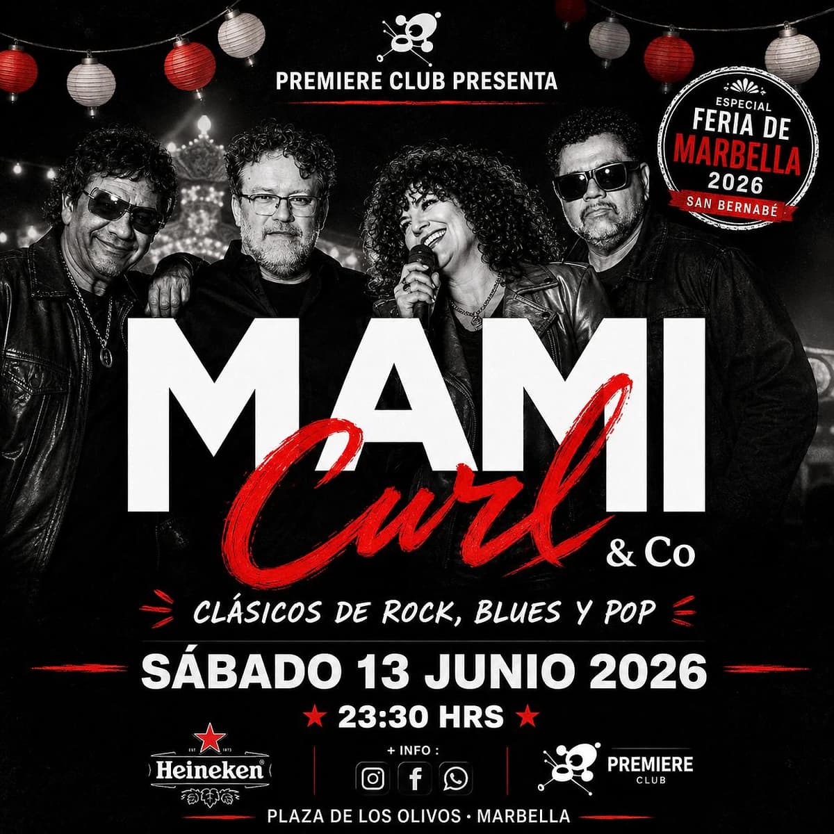 Cartel de Mami Curl & Co en Premiere Club durante la Feria de San Bernabé Marbella 2026, concierto de clásicos rock, blues y pop.