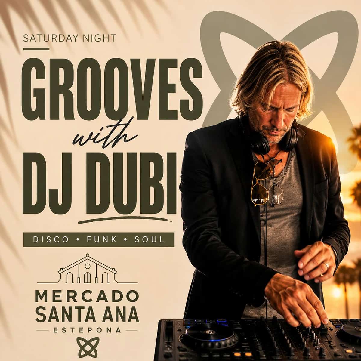 Cartel de Saturday Night Grooves con DJ Dubi en Mercado Santa Ana Estepona, enfocado en noche, disco, funk y soul.
