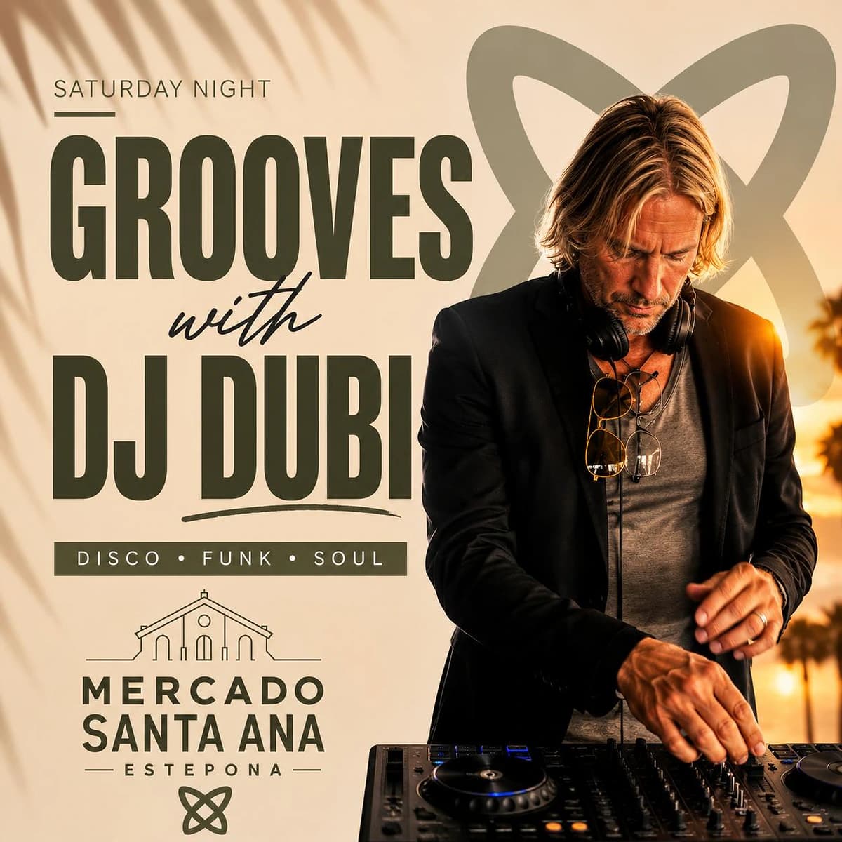 Cartel de Saturday Night Grooves con DJ Dubi en Mercado Santa Ana Estepona, enfocado en noche, disco, funk y soul.