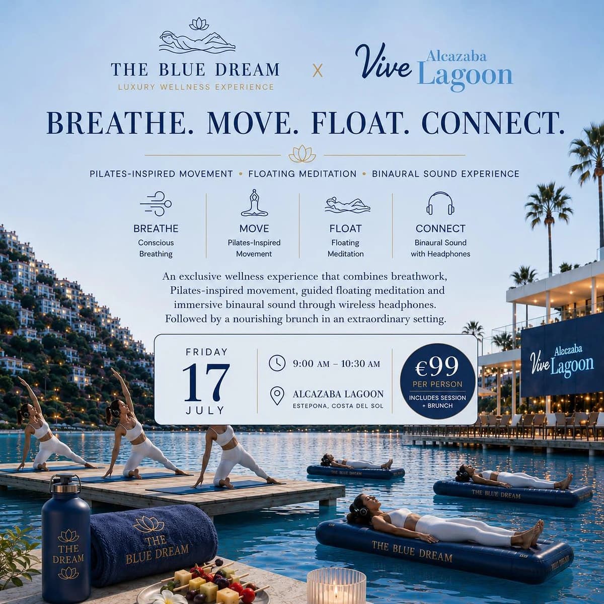 Cartel de The Blue Dream x Vive Alcazaba Lagoon, experiencia wellness con respiración consciente, movimiento inspirado en pilates, meditación flotante, sonido binaural y brunch en una laguna turquesa de la Costa del Sol.