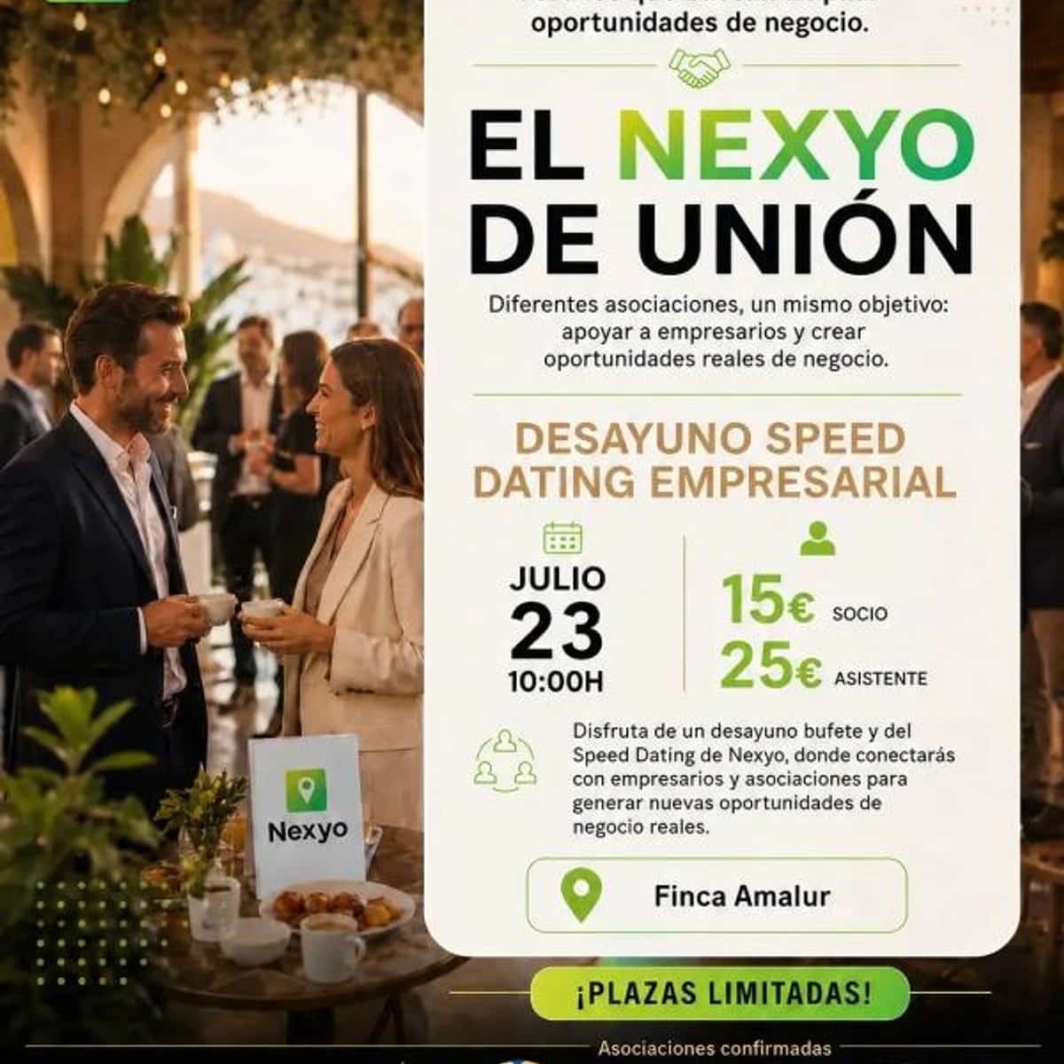 Cartel de El Nexyo de Unión, desayuno speed dating empresarial en Finca Amalur Marbella, con imagen de networking profesional y datos de fecha, precio y reserva.
