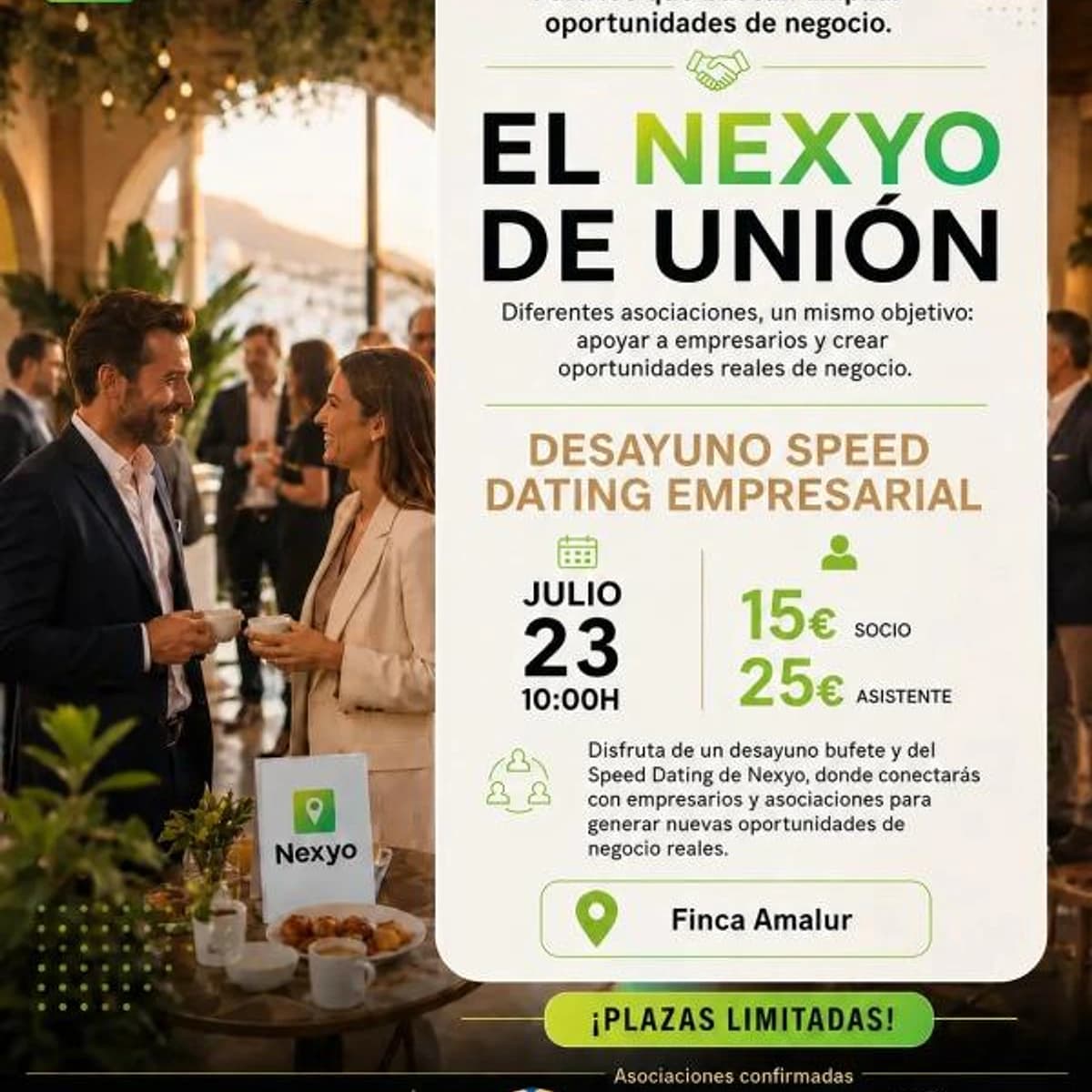 Cartel de El Nexyo de Unión, desayuno speed dating empresarial en Finca Amalur Marbella, con imagen de networking profesional y datos de fecha, precio y reserva.