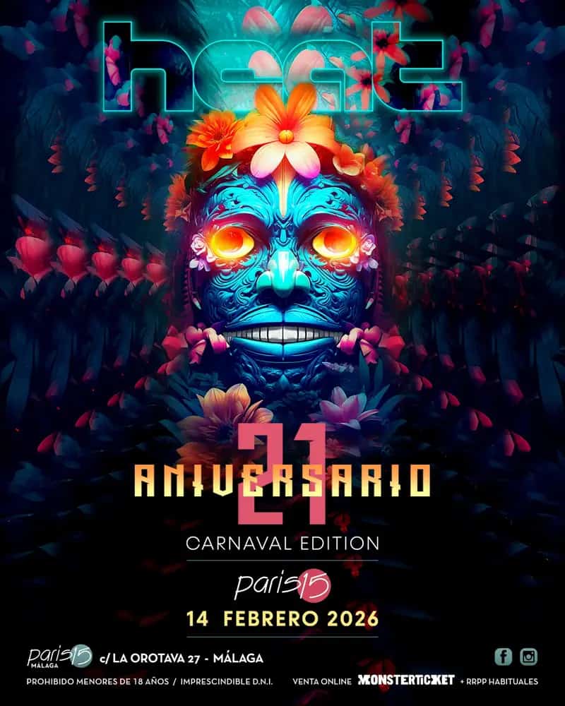 Máscaras de carnaval coloridas y luces vibrantes celebrando el 21 aniversario de Heat Pro