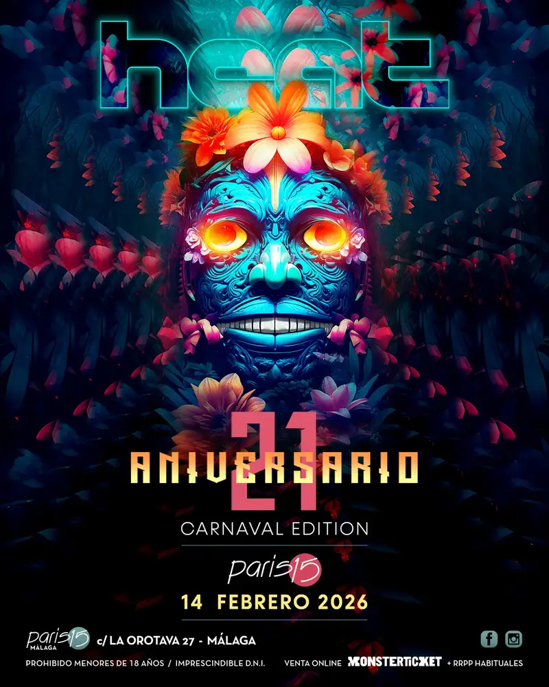 Máscaras de carnaval coloridas y luces vibrantes celebrando el 21 aniversario de Heat Pro