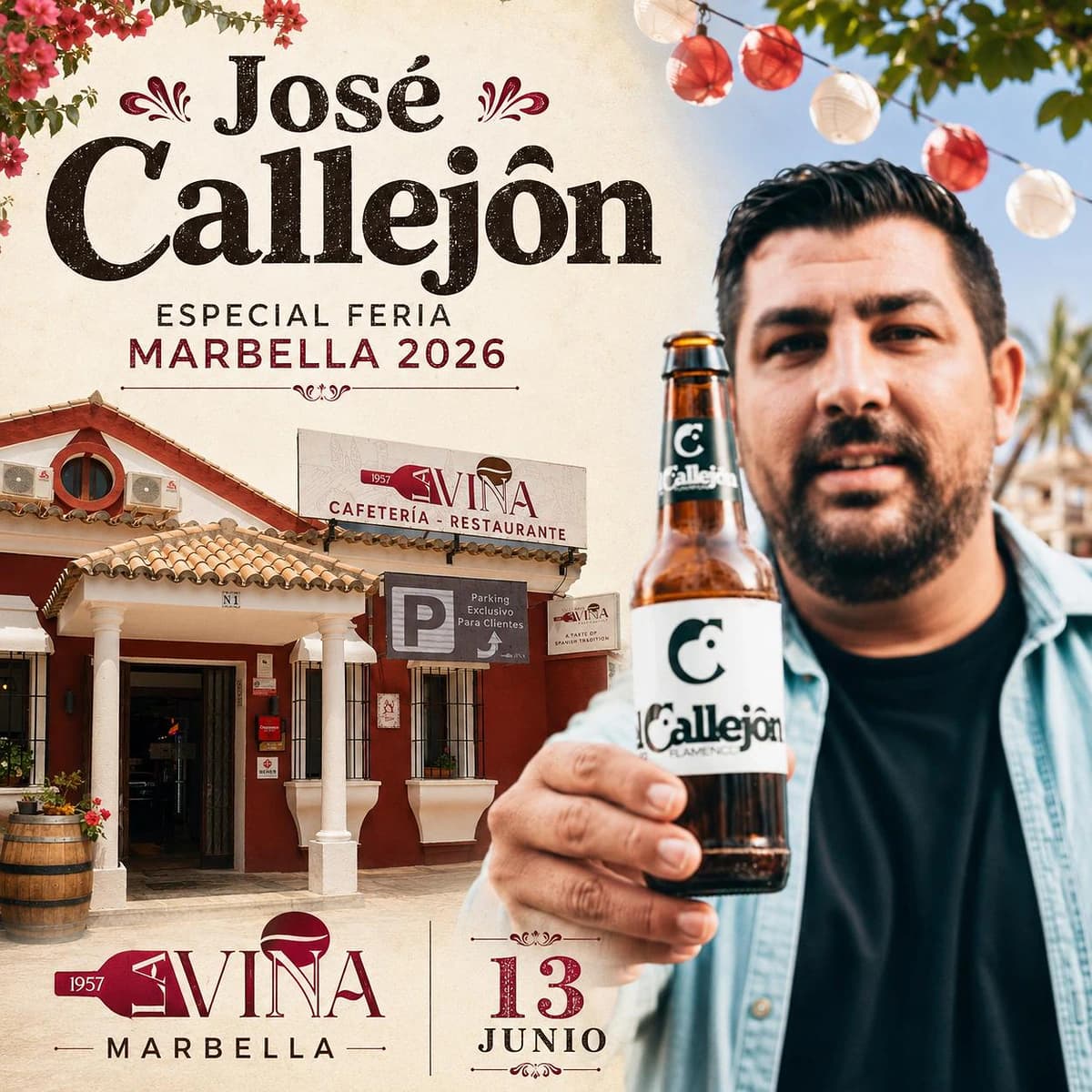Cartel de José Callejón en La Viña Marbella durante la Feria de San Bernabé 2026, tardeo con rumba y música en directo.