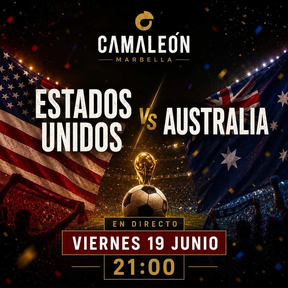 Cartel de Camaleón Marbella anunciando la retransmisión en directo de Estados Unidos vs Australia en el Mundial 2026 el viernes 19 de junio a las 21:00.