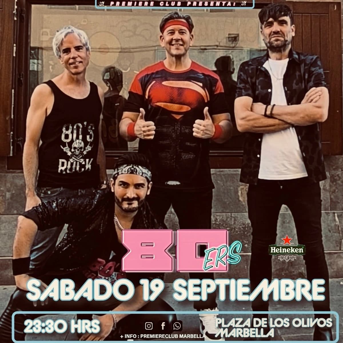 Cartel de 80ers Band con cuatro miembros del grupo y el logotipo 80ers, anunciando su concierto del sábado 19 de septiembre en Premiere Club Marbella.