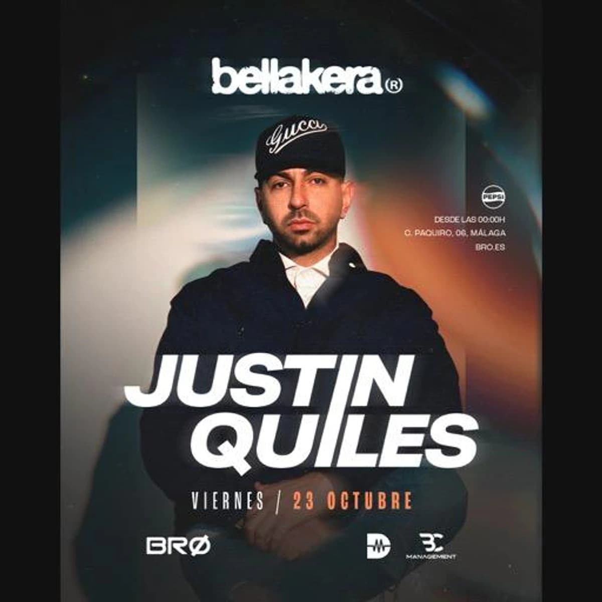 Cartel oscuro de Bellakera en BRØ Málaga para el viernes 23 de octubre, con retrato de Justin Quiles, su nombre en letras blancas y logos de la fiesta y del club.