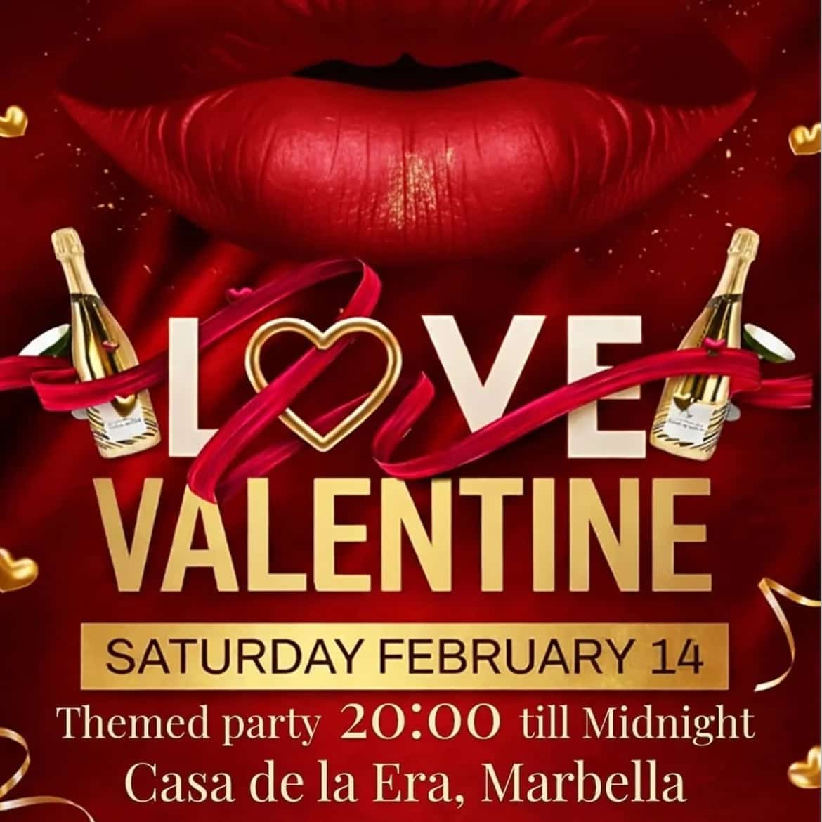 Cartel de la fiesta de San Valentín de lujo en Casa de la Era Marbella, con diseño romántico en tonos rojos, labios, botellas de champán y celebración nocturna.