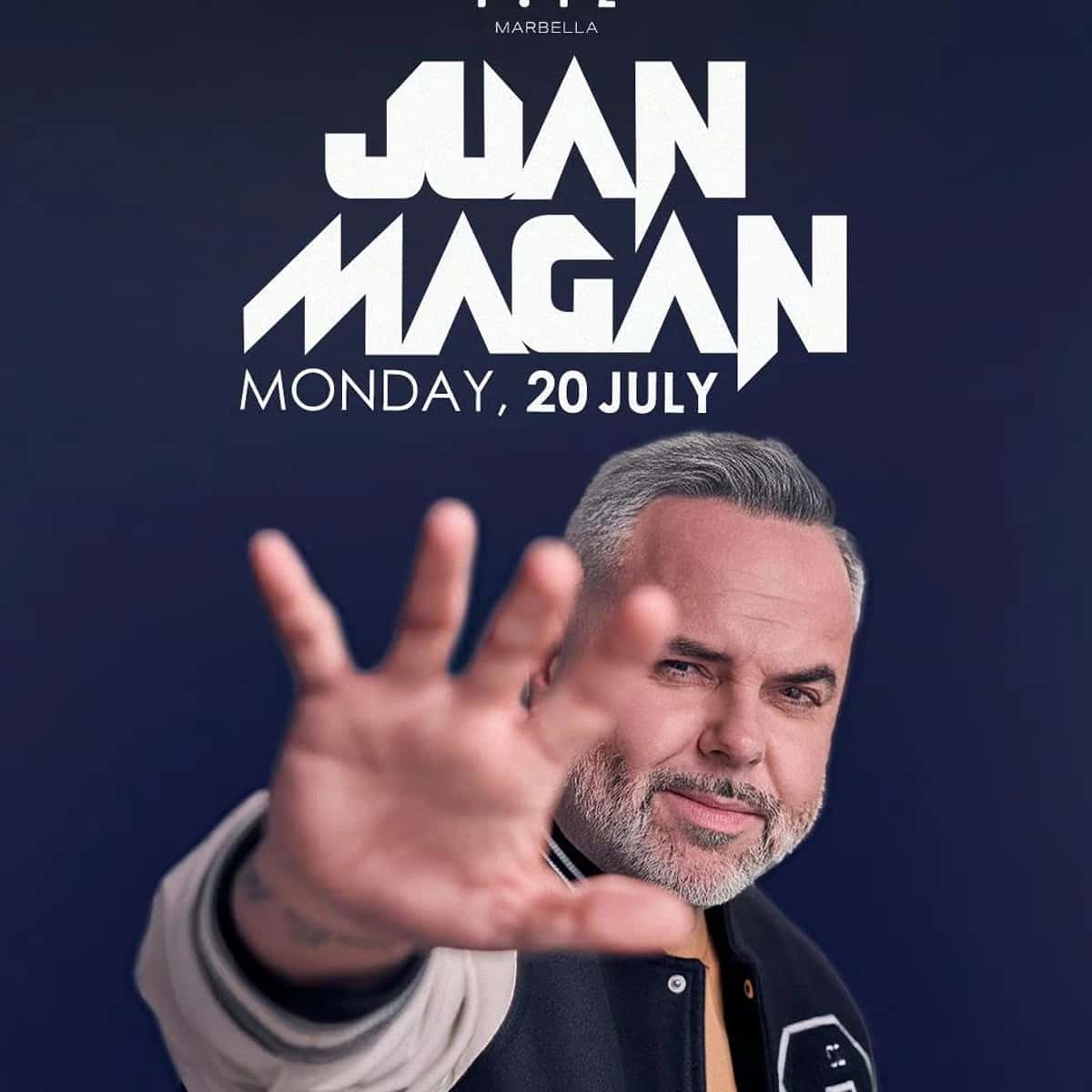 Cartel de Juan Magán en FITZ Marbella para el lunes 20 de julio, evento +18 de electrolatino, reguetón y música latina en club nocturno.