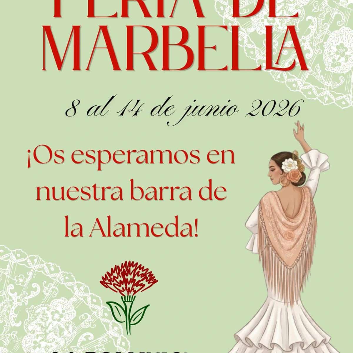 Cartel de Más que amigos en la Feria de Marbella 2026, actuación musical en la barra de La Pollinica en el Parque de la Alameda.