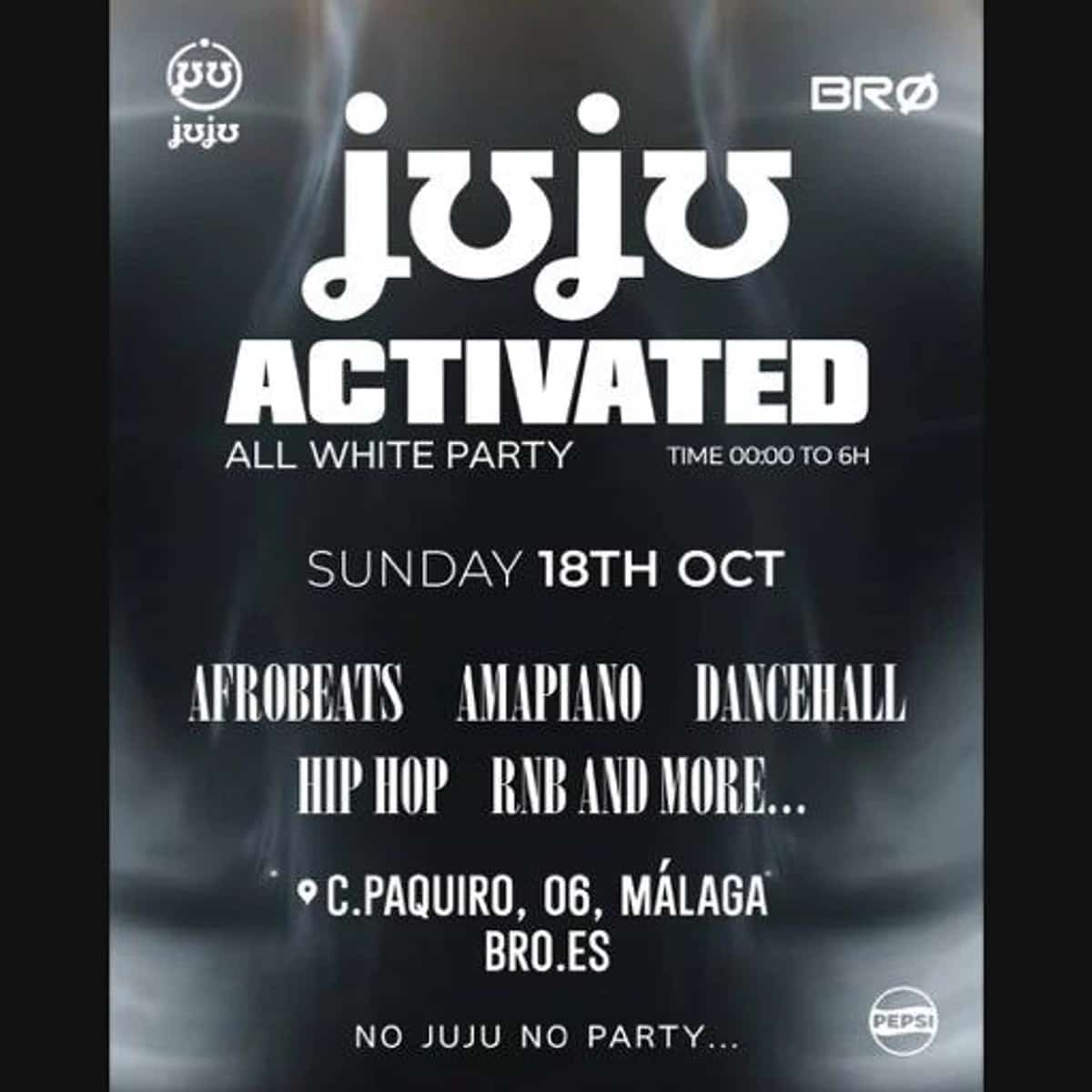 Cartel negro y blanco de JUJU Afro Party en BRØ Málaga para el 18 de octubre, con logos de JUJU y BRØ y anuncio de afrobeats, amapiano y dancehall.