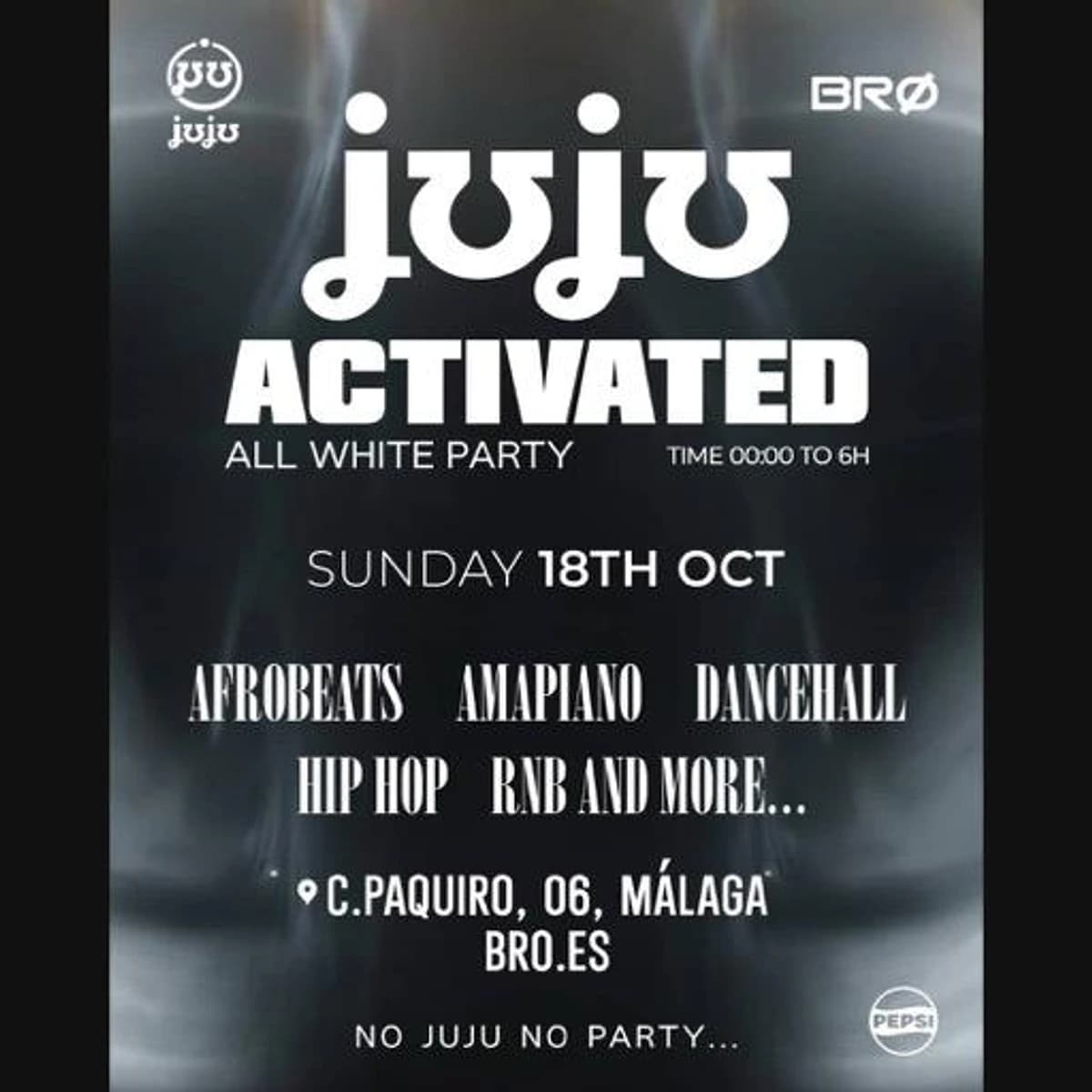 Cartel negro y blanco de JUJU Afro Party en BRØ Málaga para el 18 de octubre, con logos de JUJU y BRØ y anuncio de afrobeats, amapiano y dancehall.