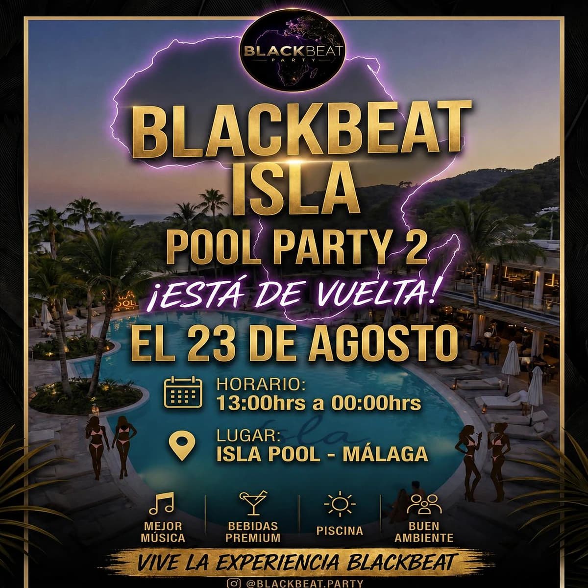 Cartel de BLACKBEAT x ISLA POOL Vol. 2 con piscina al atardecer, palmeras, iluminación violeta y gran tipografía dorada anunciando el 23 de agosto.