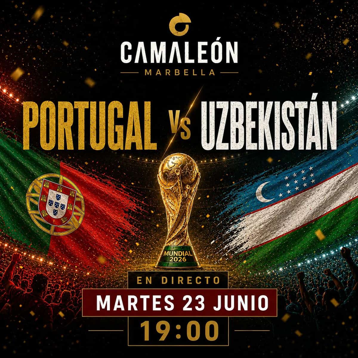 Cartel de retransmisión en directo de Portugal vs Uzbekistán en el Mundial 2026 con enfoque deportivo y ambiente de fútbol internacional en Marbella centro.
