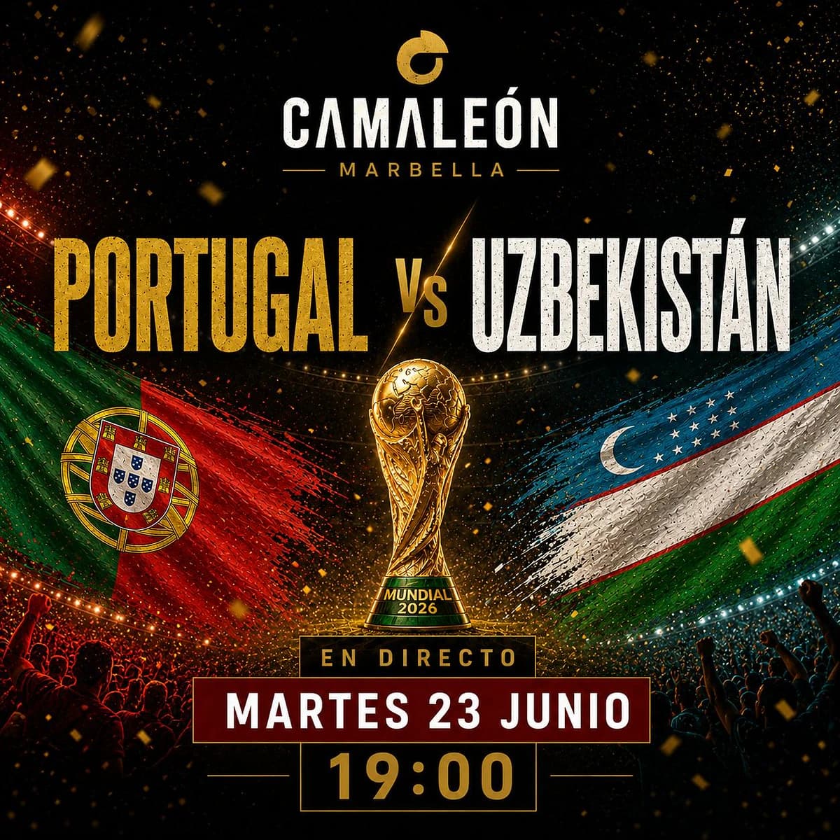 Cartel de retransmisión en directo de Portugal vs Uzbekistán en el Mundial 2026 con enfoque deportivo y ambiente de fútbol internacional en Marbella centro.