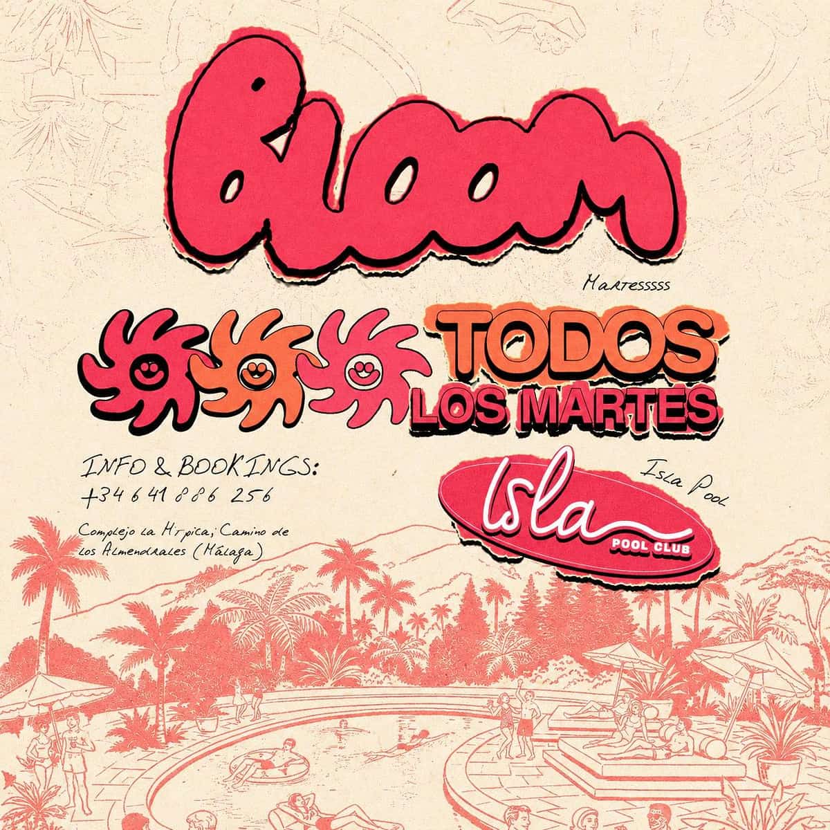 Cartel retro de Bloom Party en tonos rosa, coral y crema, con personajes gráficos sonrientes, ilustración de piscina con palmeras y mensaje “Todos los martes”.