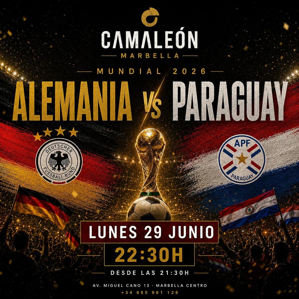 Cartel de retransmisión en directo de Alemania vs Paraguay en el Mundial 2026 con ambiente de fútbol internacional y plan de noche en Marbella centro.