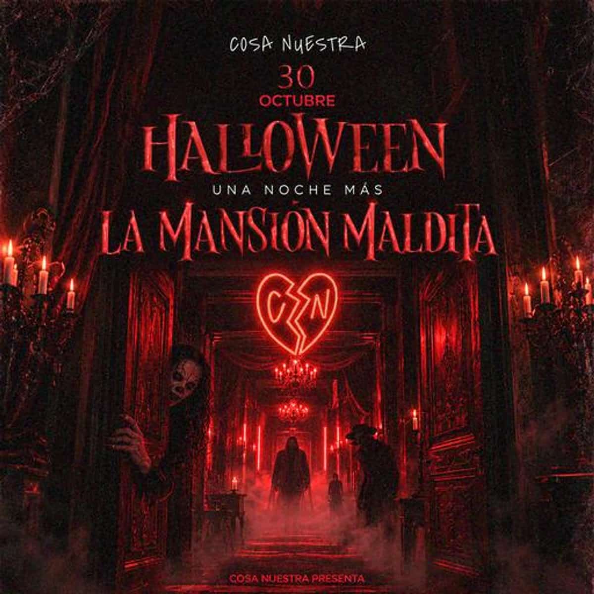 Cartel de La Mansión Maldita del 30 de octubre: pasillo oscuro con velas rojas, corazón roto luminoso y título de Halloween.