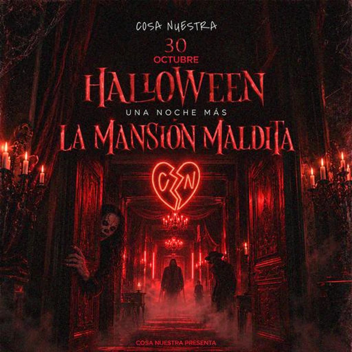 Cartel de La Mansión Maldita del 30 de octubre: pasillo oscuro con velas rojas, corazón roto luminoso y título de Halloween.