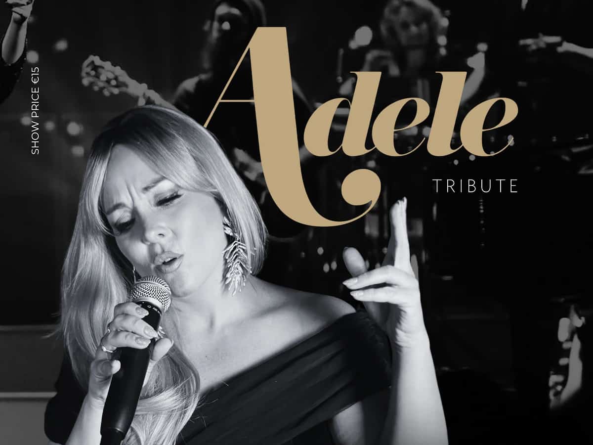 Cartel en blanco y negro de Adele Tribute en La Sala Puerto Banús con Laura Carter cantando al micrófono y anuncio del show del martes 14 de julio.