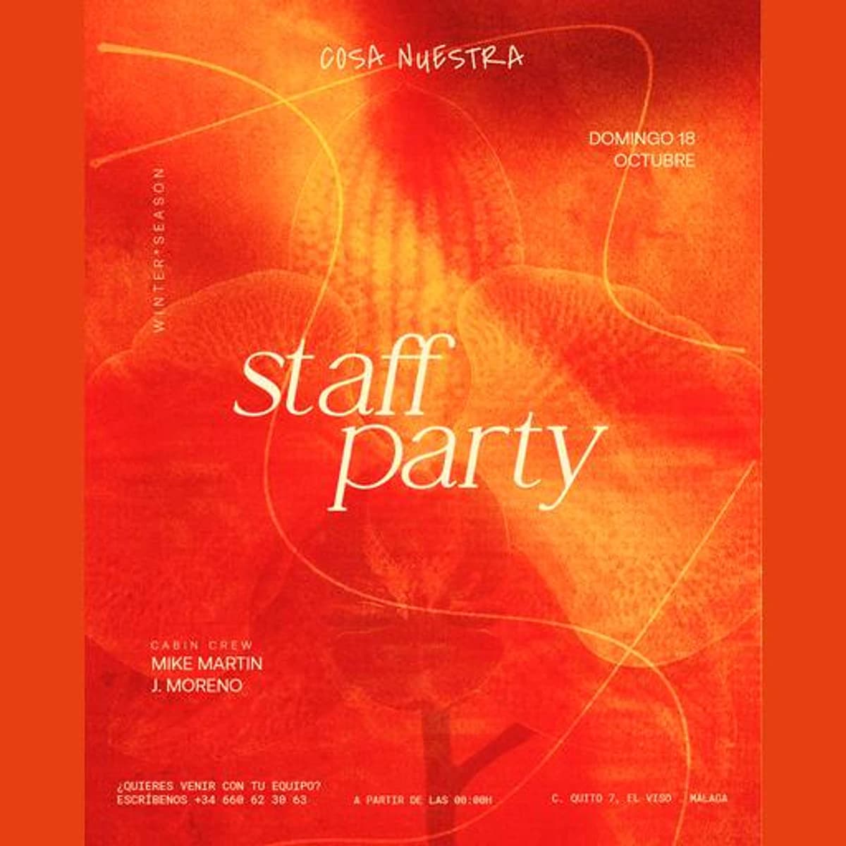 Cartel naranja y rojo de Staff Party del domingo 18 de octubre, con el nombre Cosa Nuestra y Mike Martín y J. Moreno anunciados como Cabin Crew.