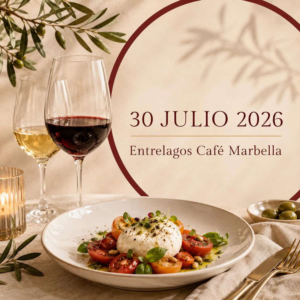 Cartel de Cena Gourmet en Entrelagos Café Marbella, con menú degustación, vino, platos italianos y mediterráneos, precios y reserva por WhatsApp.