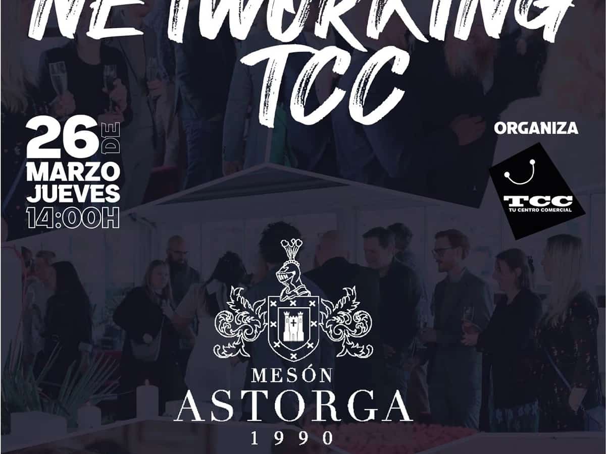 Cartel del evento Networking TCC en Mesón Astorga con imágenes de asistentes conversando, fecha del 26 de marzo a las 14:00, precios y apoyo solidario a Fundación Autismo Sur.