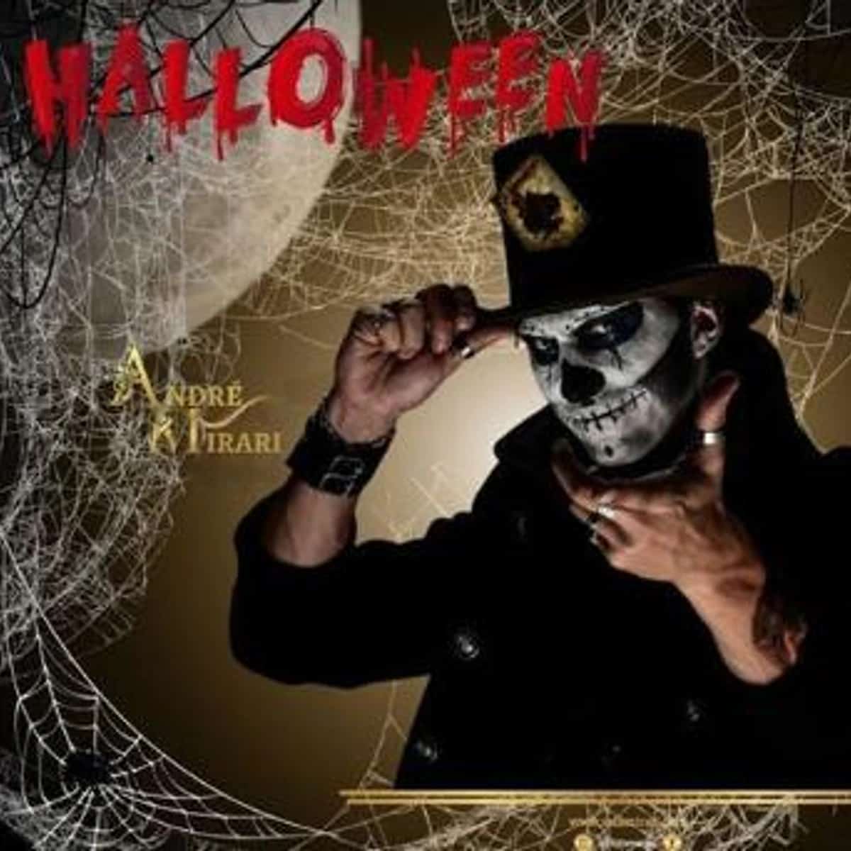 Cartel de Halloween con figura de rostro de calavera, sombrero negro, telarañas y luna llena, en tonos oscuros y dorados de Sala Mirari.