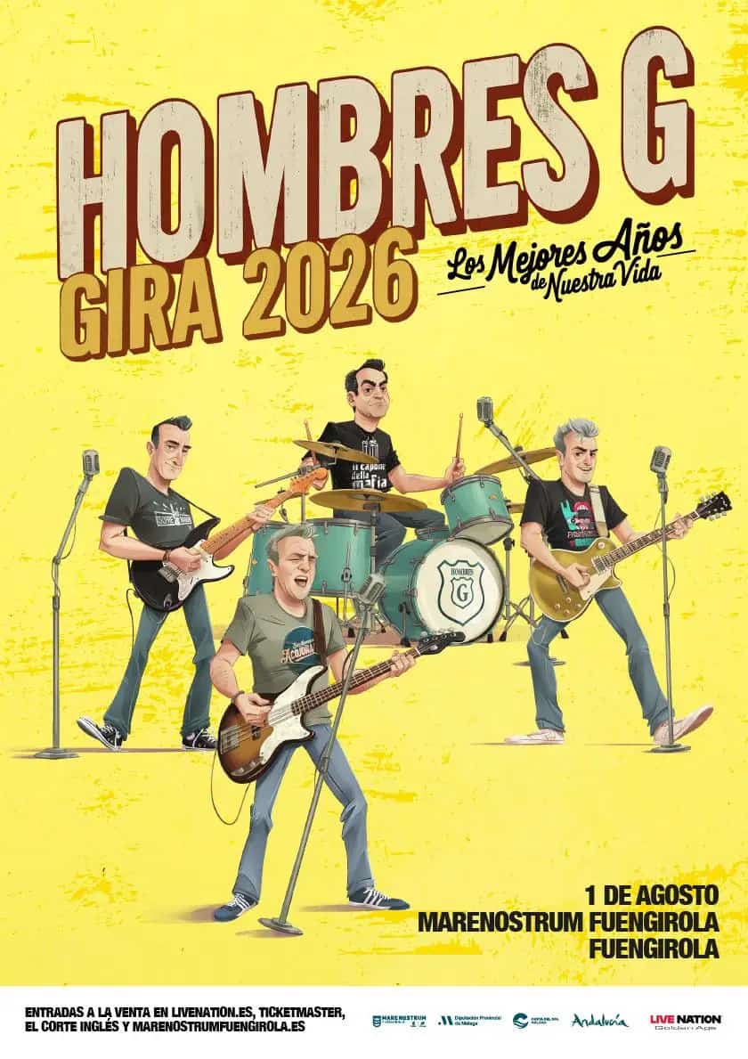 Hombres G actuando en directo durante su gira 2026 con el público cantando sus grandes éxitos.