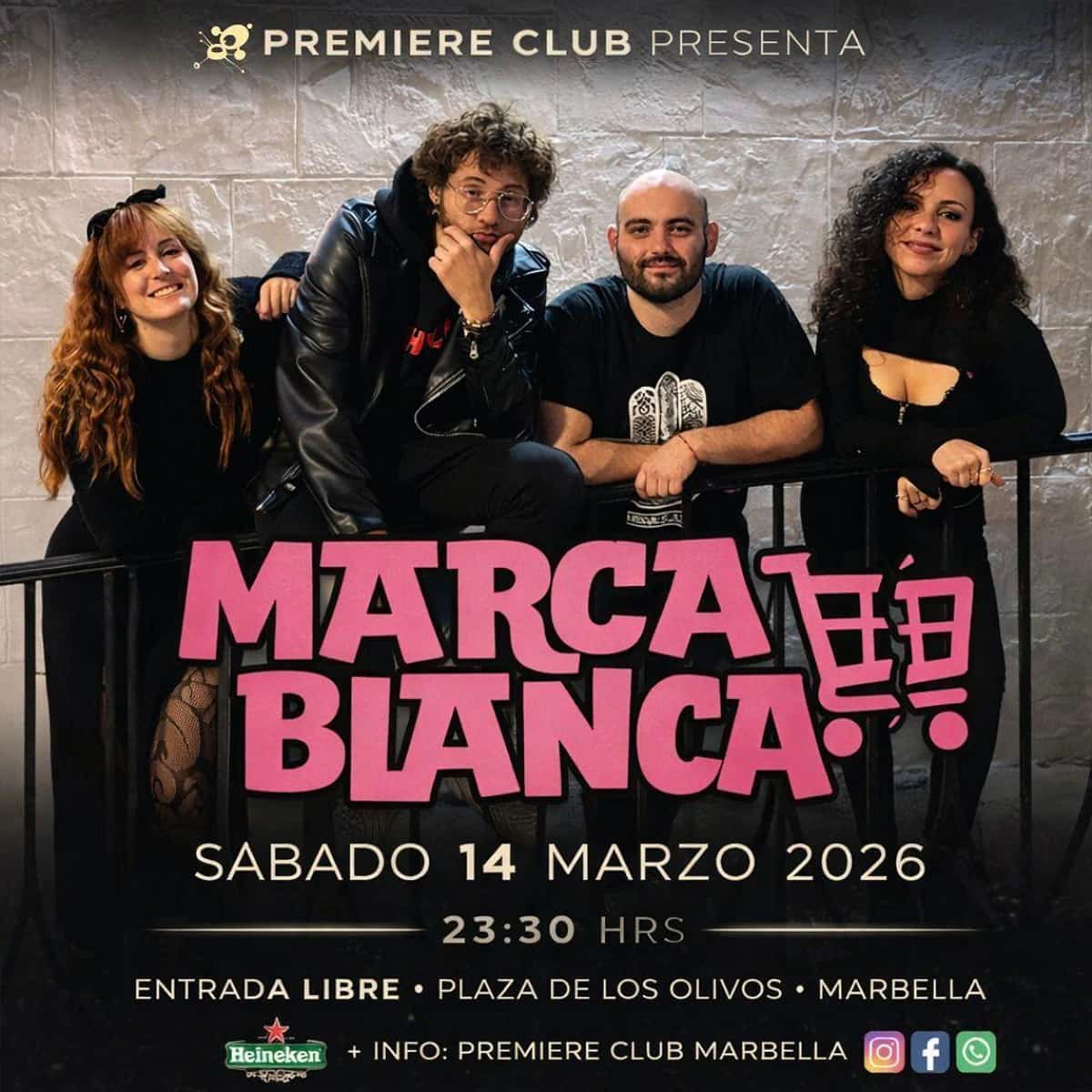 Cartel del concierto de Marca Blanca en Premiere Club Marbella con la banda posando antes de su actuación de pop-rock en directo en el centro histórico.