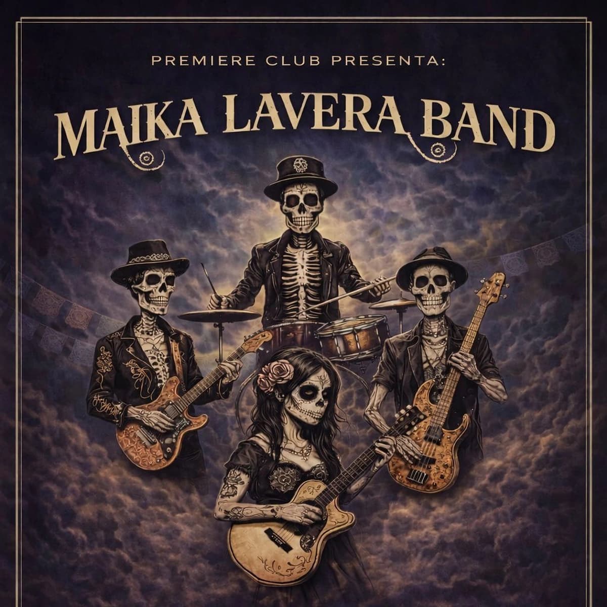 Cartel del concierto de Maika Lavera Band con estética rock y calaveras tocando instrumentos para actuación en Premiere Club Marbella.