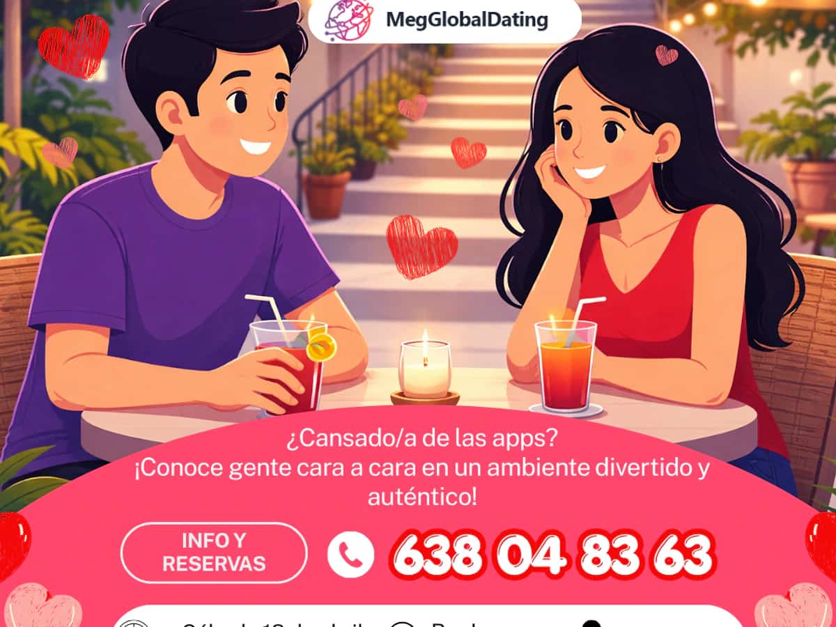 Cartel de speed dating de MegGlobalDating en Bar La Escalera Marbella para solteros de 35 a 50 años, sábado 18 de abril de 18:00 a 20:00.