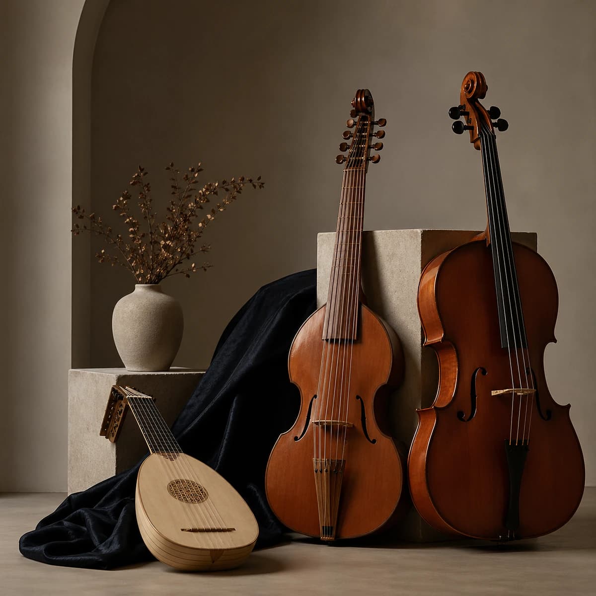 Portada minimalista de concierto barroco con instrumentos de cuerda antiguos, laúd, viola da gamba y violonchelo en ambiente elegante.