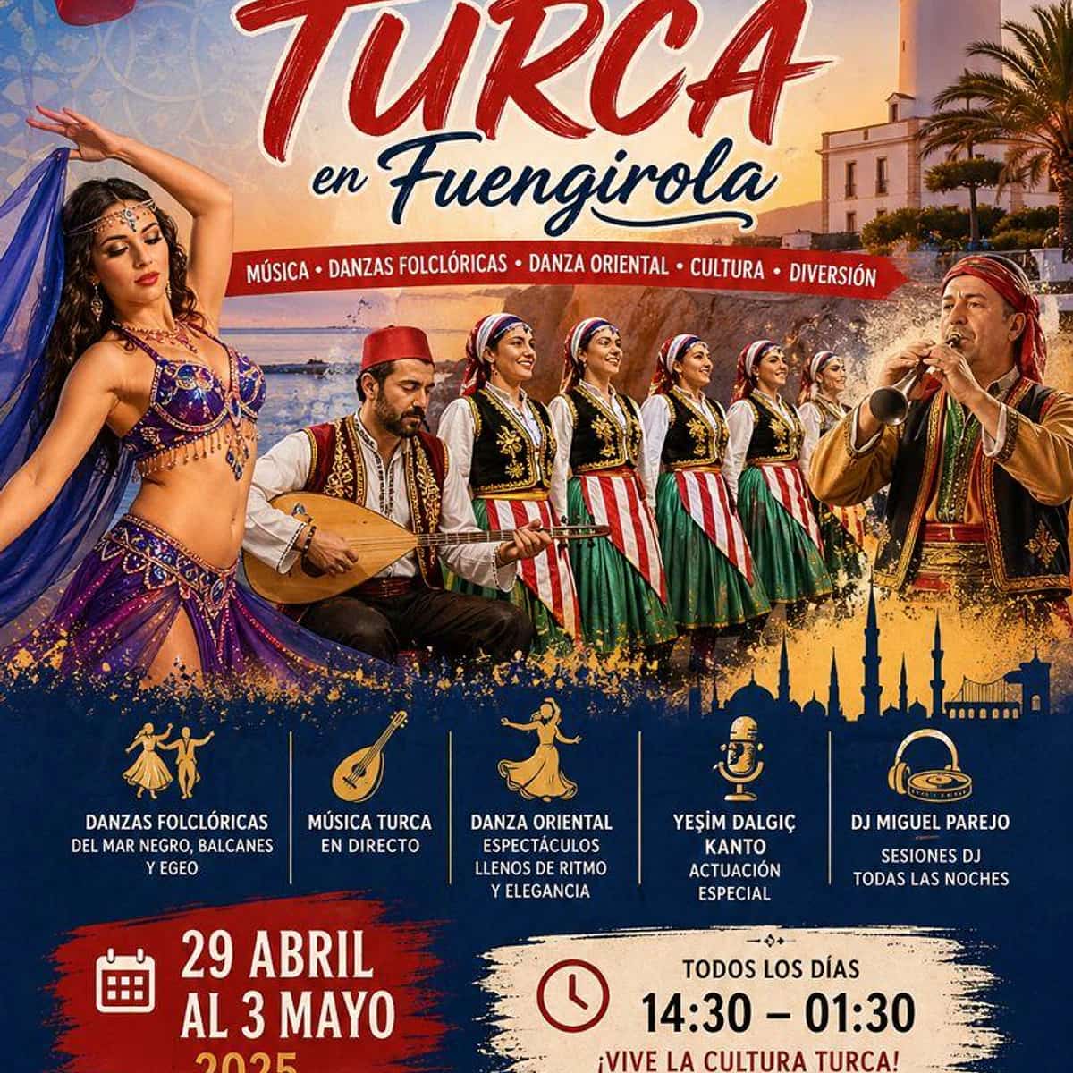 Cartel colorido de la Feria Cultural Turca en Fuengirola con danza tradicional, música en vivo y espectáculos culturales.