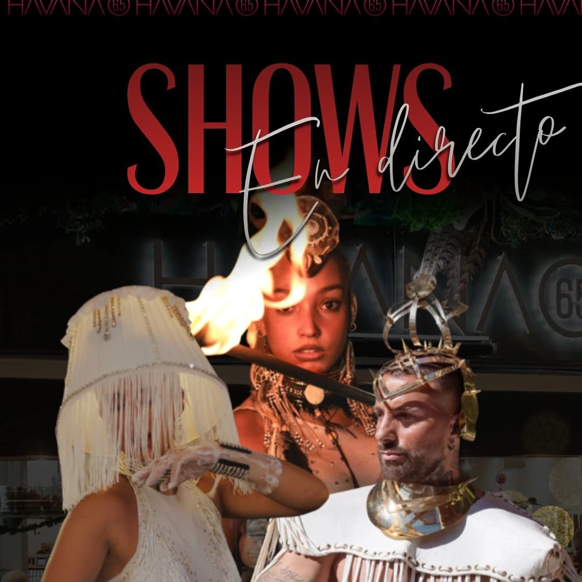 Cartel de evento nocturno en Havana 65 con performers, fuego y vestuario escénico para una noche de show y club en San Pedro Alcántara.
