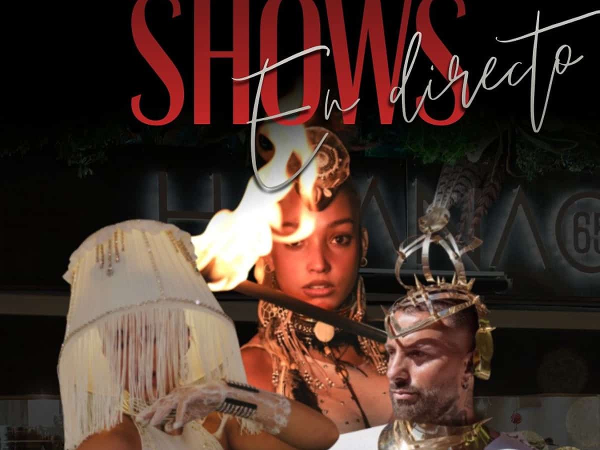 Cartel de evento nocturno en Havana 65 con performers, fuego y vestuario escénico para una noche de show y club en San Pedro Alcántara.